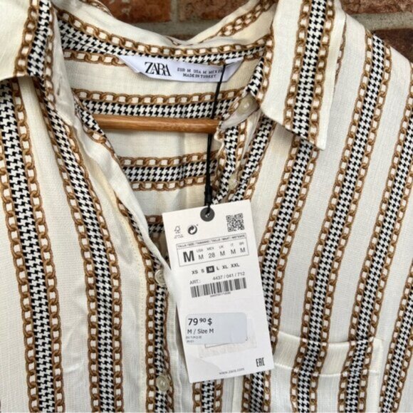 Zara   NEW Ivory Chain Houndstooth Striped Print Satin Button Down Top Blo… - Picture 4 of 13